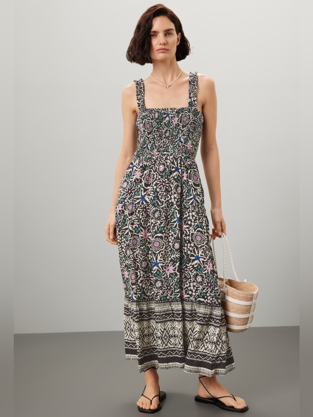 Marine Layer Resort Selene Maxi Dress Size XL Black Multi Smocked Pockets